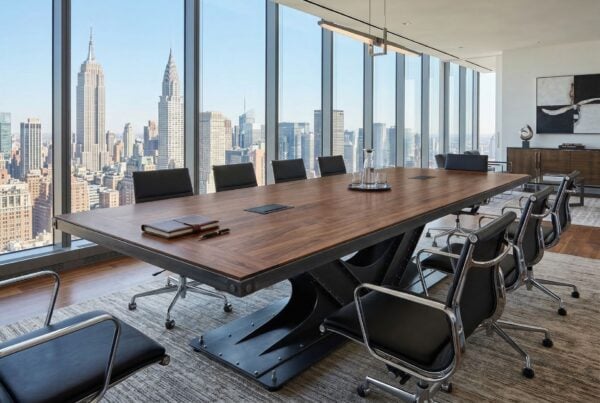 Large Industrial conference table with hidden wiring in a NYC boardroom