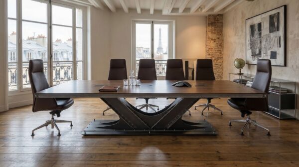 Large Industrial conference table with hidden wiring in a Paris flat