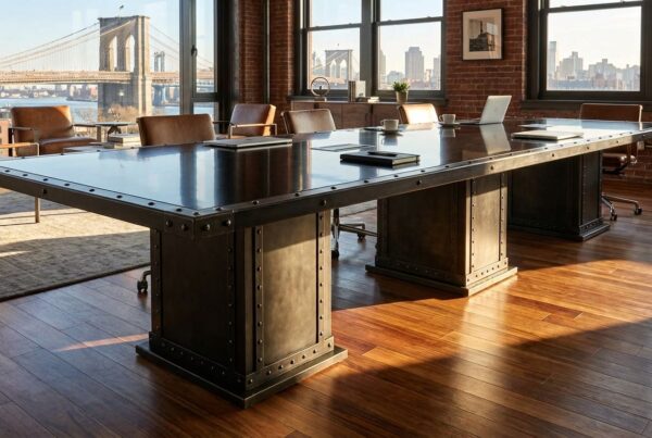 Boxed I-Beam pedestal conference table with riveted steel piers inspired by the Brooklyn Bridge