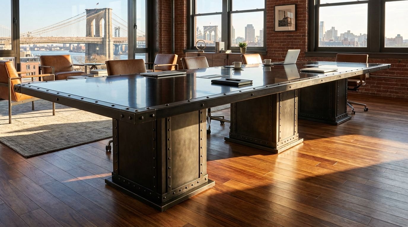 Boxed I-Beam pedestal conference table with riveted steel piers inspired by the Brooklyn Bridge