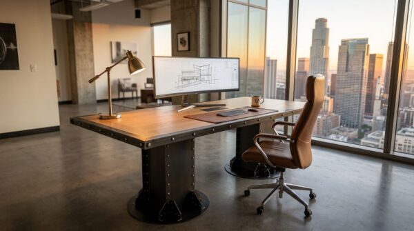 I Beam Executive Desk with Oak Top in Los Angeles office
