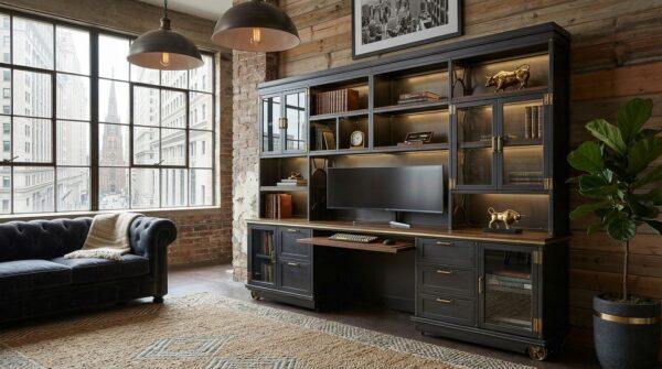 Industrialux Wall System — side view showing brass corner brackets and walnut shelving with integrated LED lighting