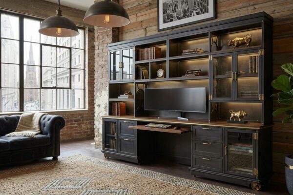 Industrialux Wall System — side view showing brass corner brackets and walnut shelving with integrated LED lighting
