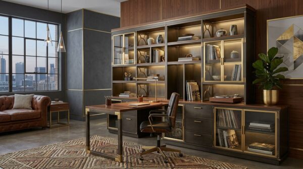 Industrialux Wall System — lower cabinet section with brass pulls and glass doors in blackened steel finish