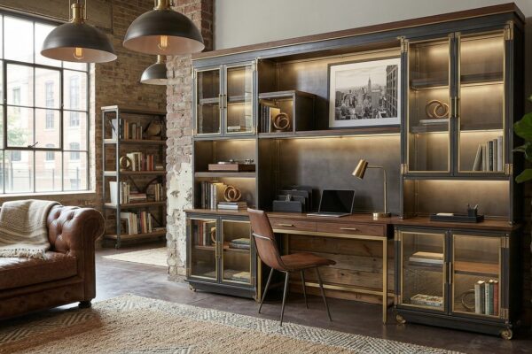 Industrialux Wall System — desk detail with walnut surface, drawer, and brass hardware in industrial loft setting