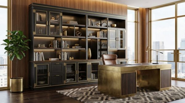 Industrialux Wall System — upper cabinet section with brass-framed glass doors and LED strip lighting