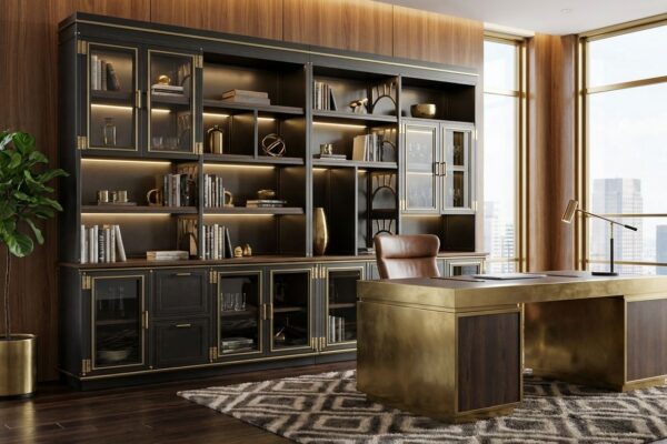 Industrialux Wall System — upper cabinet section with brass-framed glass doors and LED strip lighting