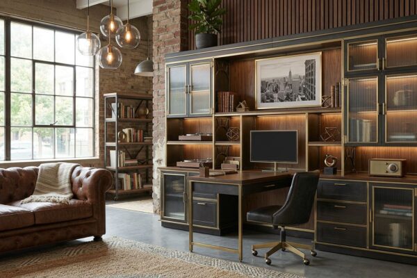 Industrial Entertainment Center with Brass Accents 6