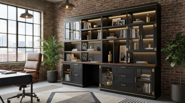 Industrialux Wall System — full view with brass corner brackets, glass doors, integrated desk, and LED lighting in blackened steel and walnut