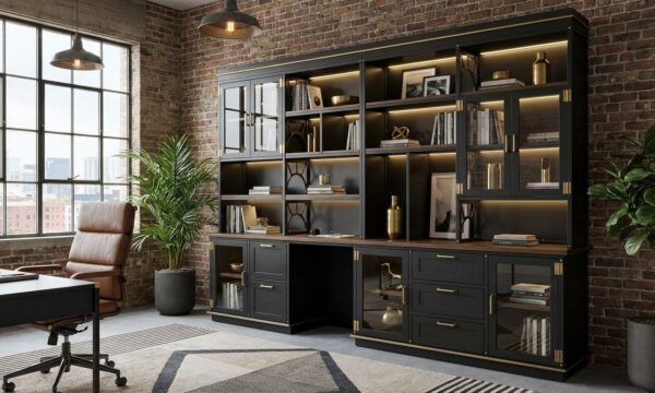 Industrialux Wall System — full view with brass corner brackets, glass doors, integrated desk, and LED lighting in blackened steel and walnut