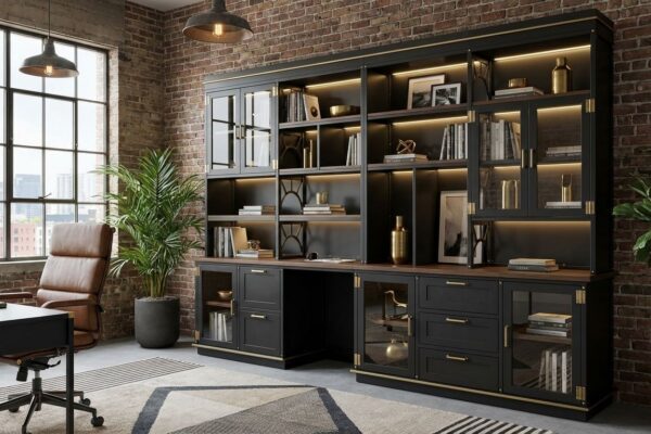 Industrialux Wall System — full view with brass corner brackets, glass doors, integrated desk, and LED lighting in blackened steel and walnut