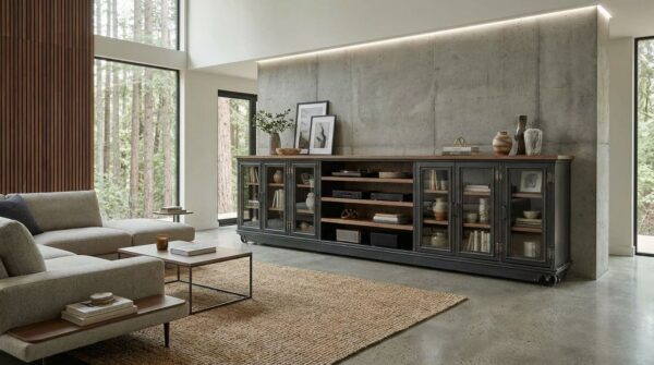 Boxcar Ellis Media Console — low profile industrial wall unit on casters in natural steel finish