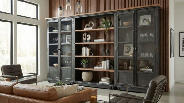 Boxcar Ellis Wall Unit detail — modular steel and hardwood wall unit with period-correct hardware and toe kick