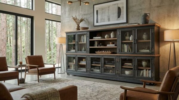 Boxcar Ellis Wall Unit on casters — side angle showing hot-rolled steel frame and adjustable wood shelving