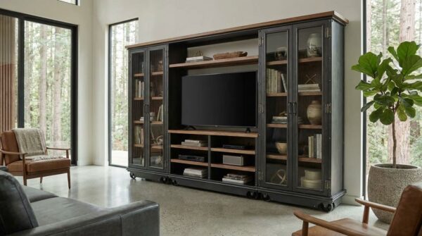 Boxcar Ellis Wall Unit on cast casters — full view of modular industrial wall unit in raw steel finish