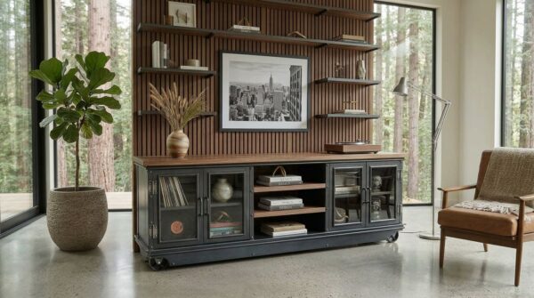 Boxcar Ellis Media Console — wide format industrial console with woven wire mesh doors and solid hardwood shelves