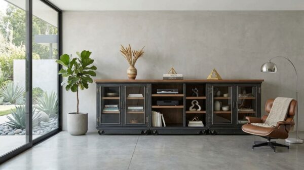 Boxcar Ellis Media Console — wide modular industrial console in blackened steel with walnut top and glass door inserts