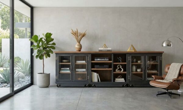 Boxcar Ellis Media Console — wide modular industrial console in blackened steel with walnut top and glass door inserts