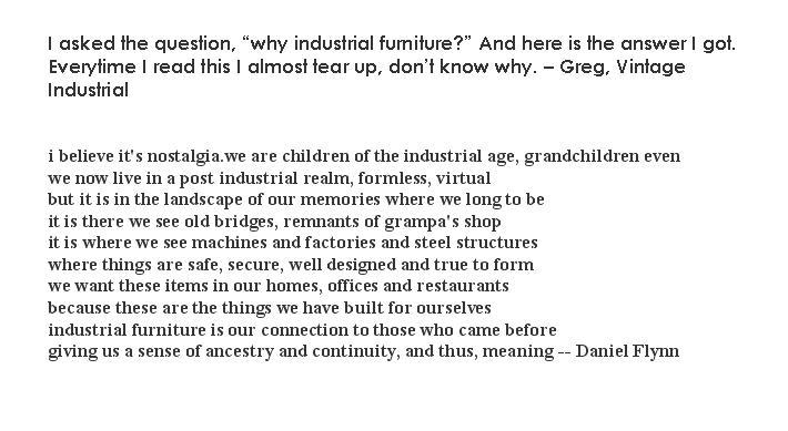 Poem about industrial furniture by Daniel Flynn, 2011 — written in response to Greg Hankerson's question about why industrial furniture resonates