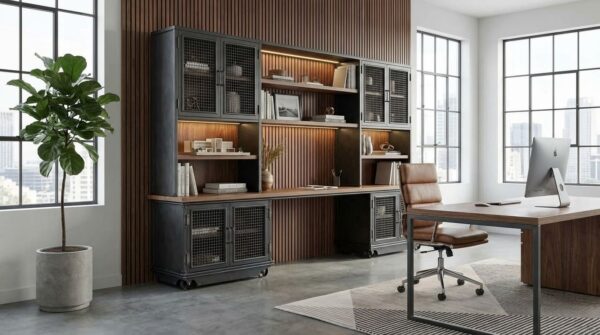 Boxcar Ellis Built-In Office — modular industrial office system with mesh cabinet doors and built-in desk
