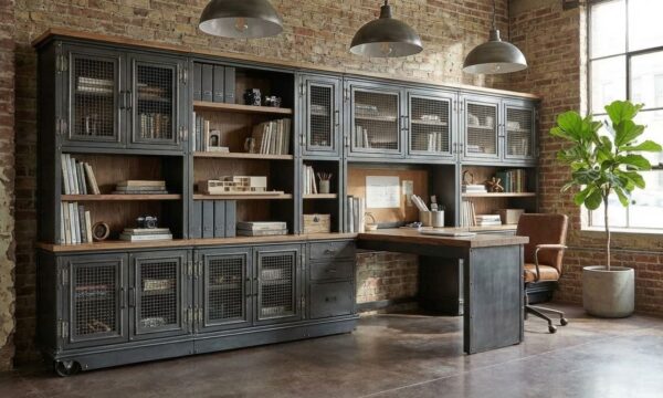 Boxcar Ellis Built-In Office — industrial wall unit with integrated desk on casters in natural steel and walnut