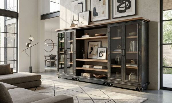Luxury industrial entertainment unit — Boxcar Ellis Wall Unit in hot-rolled steel with solid hardwood shelves