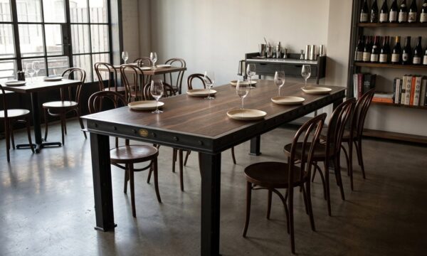 firehouse table with walnut top in a restaurant